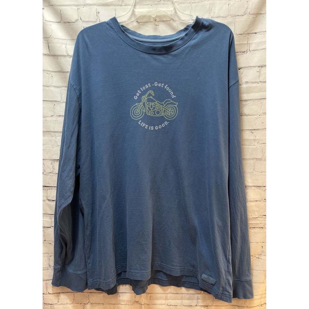 Life is Good XL Men long sleeve FLAW blue t shirt motorcycle Get Lost Get Found